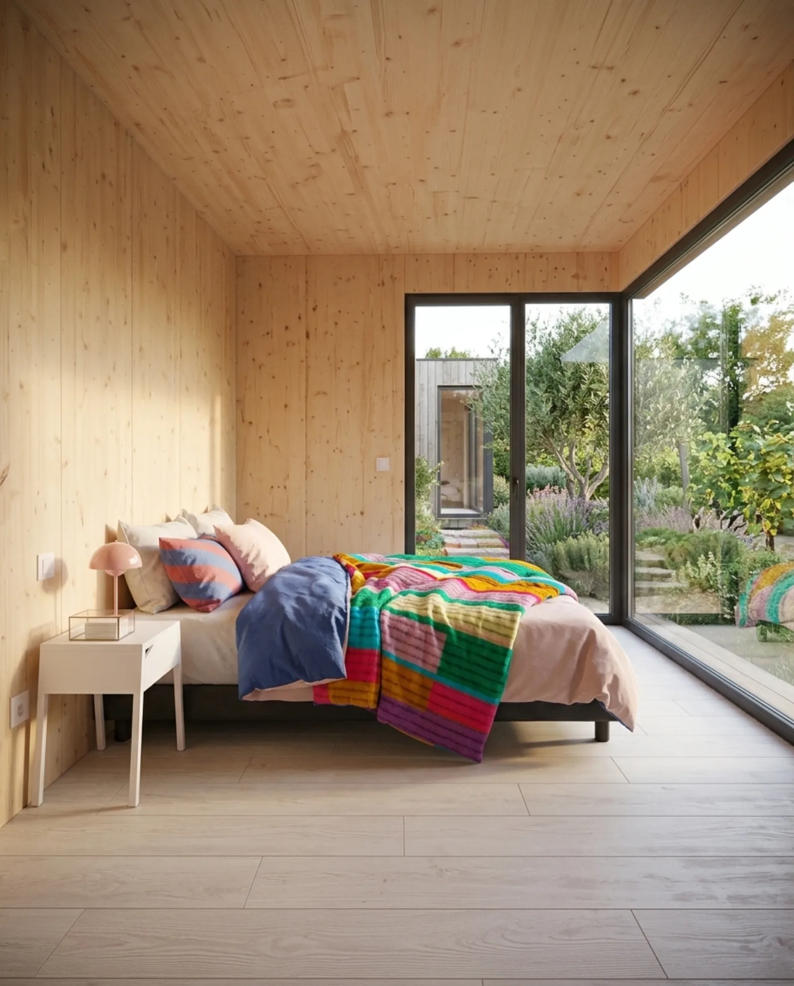 Intérieur aménagé d'un studio de jardin avec parquet chêne et lumière naturelle Intérieur aménagé d'un studio de jardin avec parquet chêne et lumière naturelle